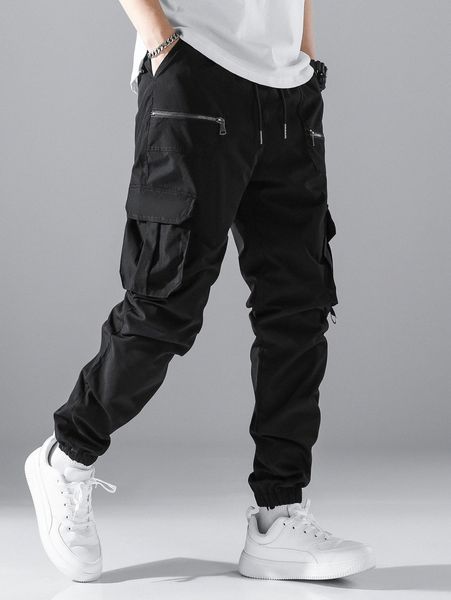 men flap pocket side drawstring waist cargo pants 39e2#, Black