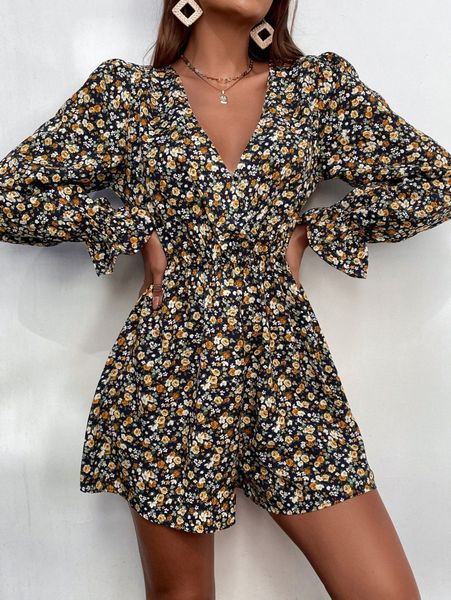 ditsy floral print flounce sleeve romper 52sh#, White
