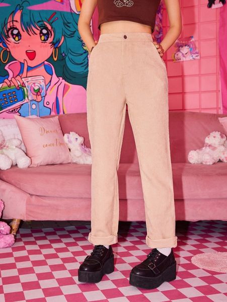 romwe solid corduroy straight leg pants g1lm#, Black;white