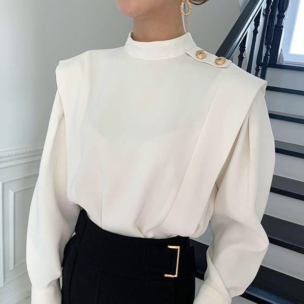 2021 new elegant shirt solid puff collar sleeves buds on the loose shoulder female blouse oversized spring 0kol, White
2021 new elegant shirt solid puff collar sleeves buds on the loose shoulder female blouse oversized spring 0kol, White