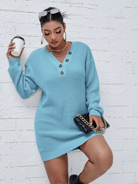 plus notched neck waffle knit longline sweater o3zd#, Black