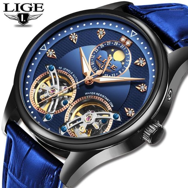 

new lige brand men watches automatic mechanical watch tourbillon clock leather casual business retro wristwatch relojes hombre1, Slivery;brown