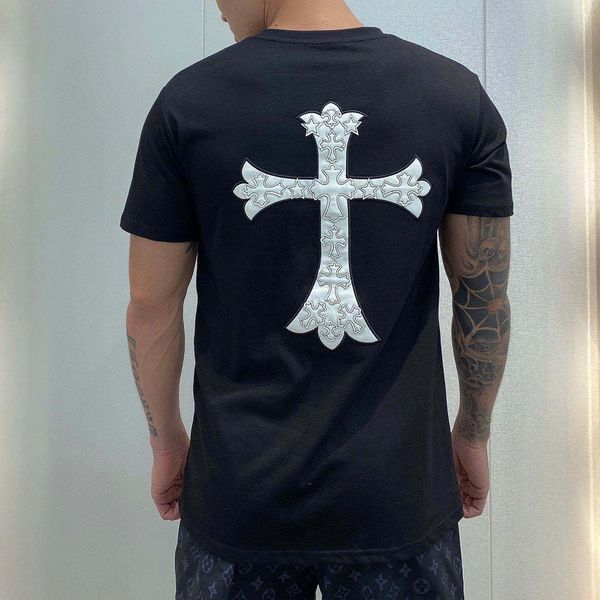 spring and summer ch crosin crew neck short fashion cross embroidered cotton t-shirt men's slim half sleeve shirt, Black 
spring and summer ch crosin crew neck short fashion cross embroidered cotton t-shirt men's slim half sleeve shirt, Black