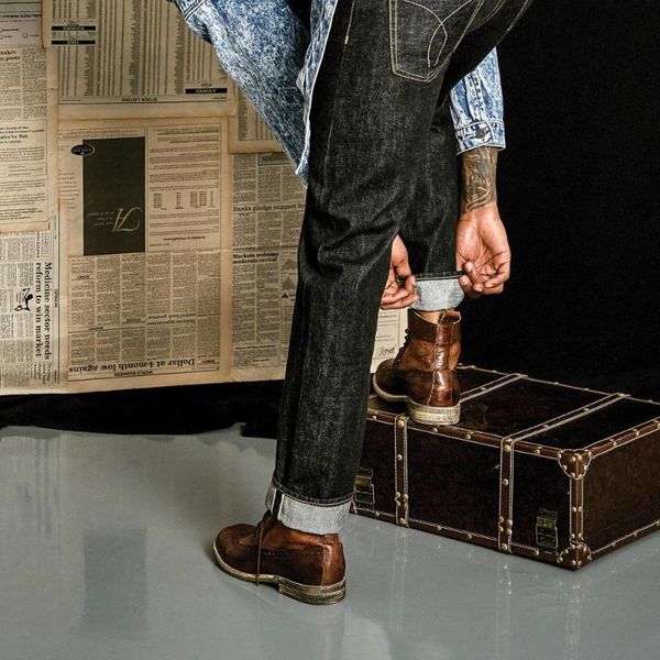 mbbcar original west harajuku heavyweight washed demineralised black cow red line denim straight mid rise jeans 701a, Blue
mbbcar original west harajuku heavyweight washed demineralised black cow red line denim straight mid rise jeans 701a, Blue