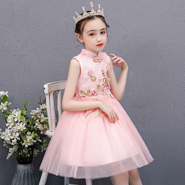 girls' 2020 new summer chine sle tang princs flower children's drs, Red;yellow
