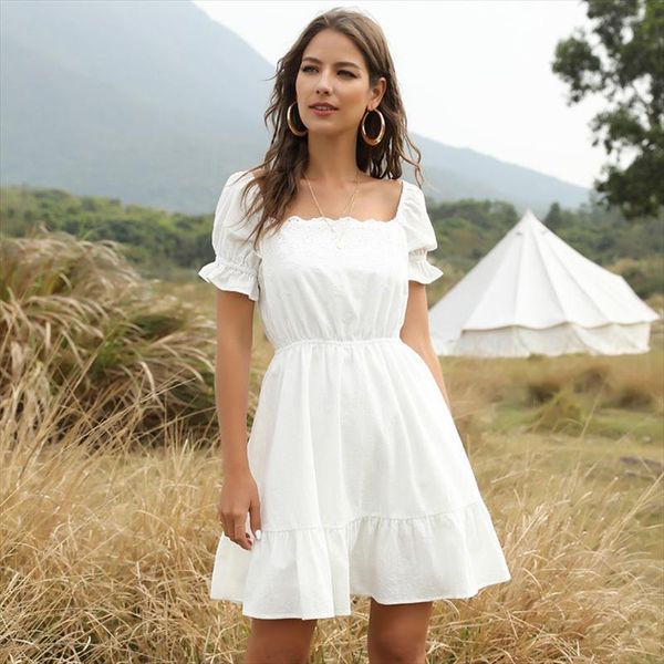2020 new casual summer square collar ruffles dress women short sleeve white knee length dress drop shipping, Black;gray 
2020 new casual summer square collar ruffles dress women short sleeve white knee length dress drop shipping, Black;gray