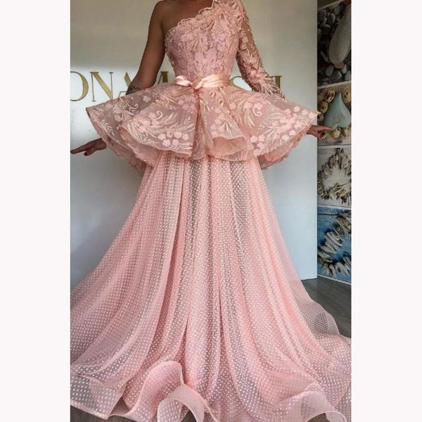 one shoulder pink lace prom dress a line long sleeves appliques grogeous turkey african evening dress robe de soiree, Black
one shoulder pink lace prom dress a line long sleeves appliques grogeous turkey african evening dress robe de soiree, Black