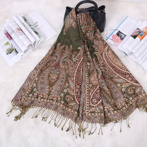 

travel scarf new bohemia style women double side paisley silky scarfs wrap shawl lady's ethnic jacquard fringed shawls, Blue;gray