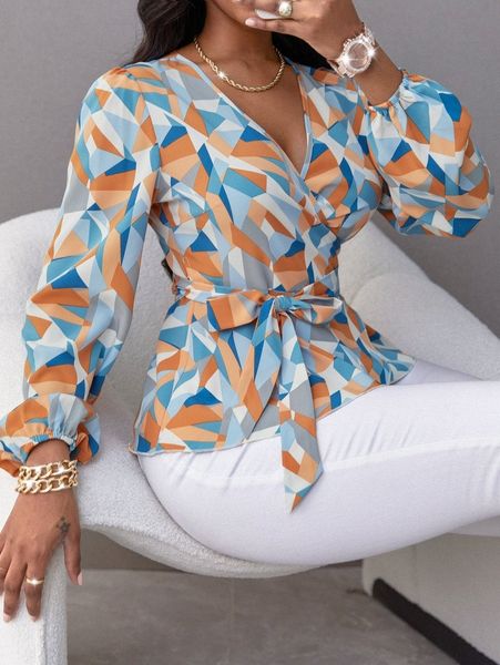 random geo print belted blouse i2qo#, White