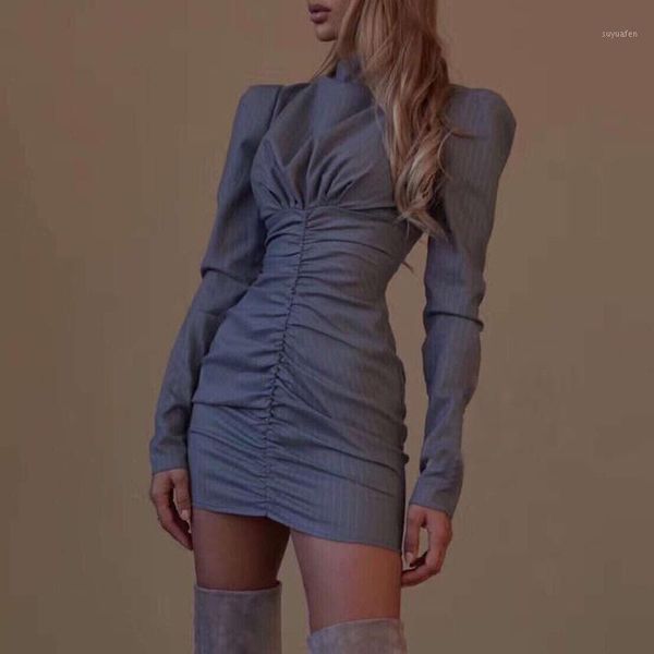 elegant striped dresses long sleeve tight skirt mini office lady pleated dress autumn spring 2020 slim skirts1, Black;gray