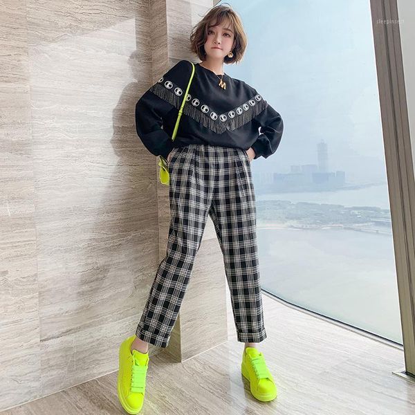 stitching tassel loose casual sweater + skinny slim nine-point lattice pants suit women 2020 autumn new1, Gray
stitching tassel loose casual sweater + skinny slim nine-point lattice pants suit women 2020 autumn new1, Gray
