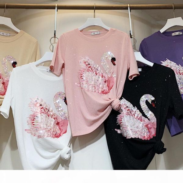 real ssummer short sleeve female tshirts o neck bright silk students all-match beads sequins swan woman tees casual j190427, White
real ssummer short sleeve female tshirts o neck bright silk students all-match beads sequins swan woman tees casual j190427, White