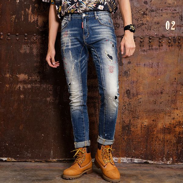 2021 new street style male fashion thin elastic fit ripped men's woven paint designer hip jeans 9emv, Blue
2021 new street style male fashion thin elastic fit ripped men's woven paint designer hip jeans 9emv, Blue