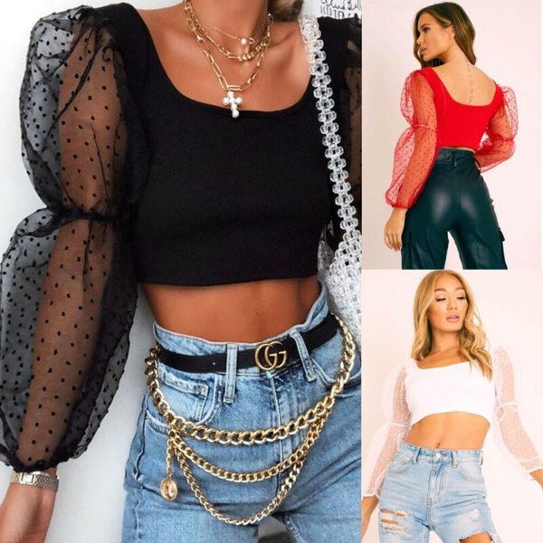 women lace see through sheer mesh polka dot puff long sleeve solid o neck crop blouse slim club wear shirts, White
women lace see through sheer mesh polka dot puff long sleeve solid o neck crop blouse slim club wear shirts, White