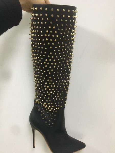 boots fashion women pointed toe knee high spike design heel gold rivet long leather dress shoes, Black
boots fashion women pointed toe knee high spike design heel gold rivet long leather dress shoes, Black