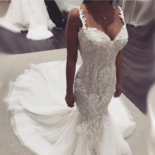 vintage full lace mermaid wedding dresses spaghetti straps bridal gowns backless sweep train exposed boning formal robes de mariée 2021, White
vintage full lace mermaid wedding dresses spaghetti straps bridal gowns backless sweep train exposed boning formal robes de mariée 2021, White