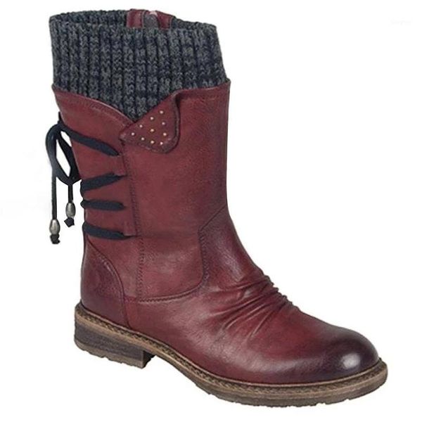 boots women middle calf retro pu leather booties casual low heel winter shoes 1, Black