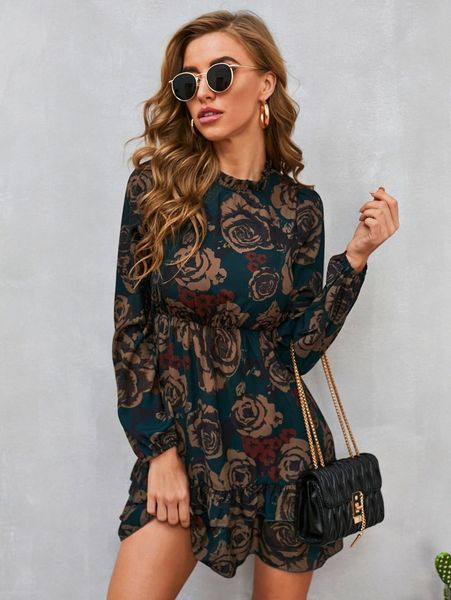 mock neck lantern sleeve ruffle hem floral dress p5tr#, Black;gray
mock neck lantern sleeve ruffle hem floral dress p5tr#, Black;gray