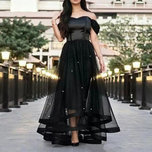 sweetheart neck a-line hi-lo evening dress off the shoulder two tiers long tulle crystals prom party gown, Black
sweetheart neck a-line hi-lo evening dress off the shoulder two tiers long tulle crystals prom party gown, Black