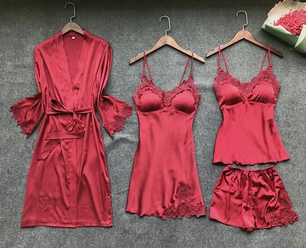 women's robe & gown sets lace bathrobe + night dress 4 four pieces sleepwear womens sleep set faux silk robe femme lingerie1, Black;red
women's robe & gown sets lace bathrobe + night dress 4 four pieces sleepwear womens sleep set faux silk robe femme lingerie1, Black;red