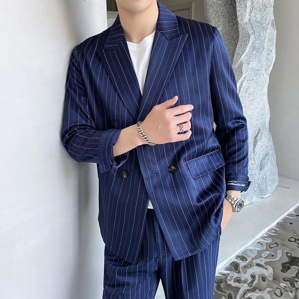 men's suits & blazers suit men 2021 autumn winter korean casual striped loose 2 pcs set wedding groom tuxedos terno masculino, White;black
men's suits & blazers suit men 2021 autumn winter korean casual striped loose 2 pcs set wedding groom tuxedos terno masculino, White;black