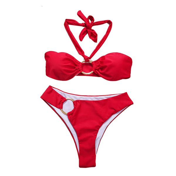 2021 women's solid color 2pcs bikini set sleeveless ring buckle halter bra with briefs for vacation beach swimwear women, White;black
2021 women's solid color 2pcs bikini set sleeveless ring buckle halter bra with briefs for vacation beach swimwear women, White;black