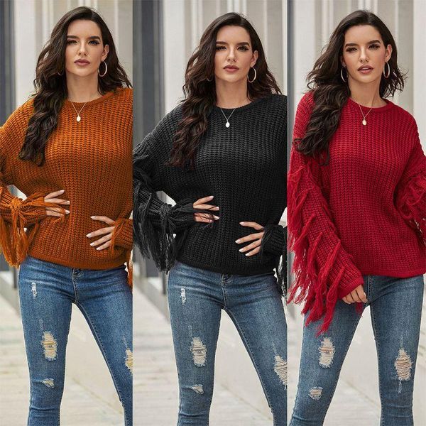 women autumn winter long sleeves tassel sweater ribbed knitted pullover, White;black
women autumn winter long sleeves tassel sweater ribbed knitted pullover, White;black