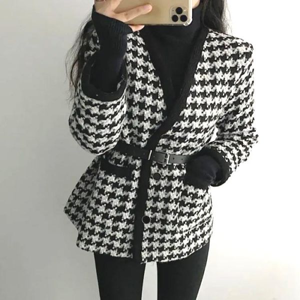 women plaid houndstooth waistband woolen jacket, Black