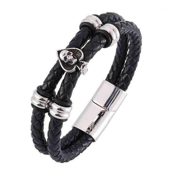 punk men bracelet trendy double layer braided leather bracelet skull spades stainless steel magnetic clasp male jewelry sp03271, Golden;silver
punk men bracelet trendy double layer braided leather bracelet skull spades stainless steel magnetic clasp male jewelry sp03271, Golden;silver