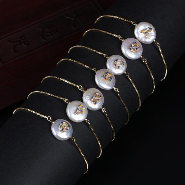 link, chain gold micro pave rainbow cz cubic zirconia 26 alphabet letter name charm freshwater coin pearl bracelet for women girl, Black
link, chain gold micro pave rainbow cz cubic zirconia 26 alphabet letter name charm freshwater coin pearl bracelet for women girl, Black