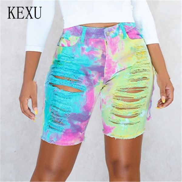 women's jeans kexu hole tie dye print knee length women high waisted button zipper female distressed denim shorts with pockets, Blue
women's jeans kexu hole tie dye print knee length women high waisted button zipper female distressed denim shorts with pockets, Blue