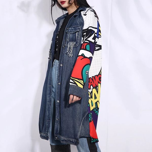 new spring autumn lapel long sleeve blue pattern printed loose denim big size jacket women coat fashion tide, White
new spring autumn lapel long sleeve blue pattern printed loose denim big size jacket women coat fashion tide, White