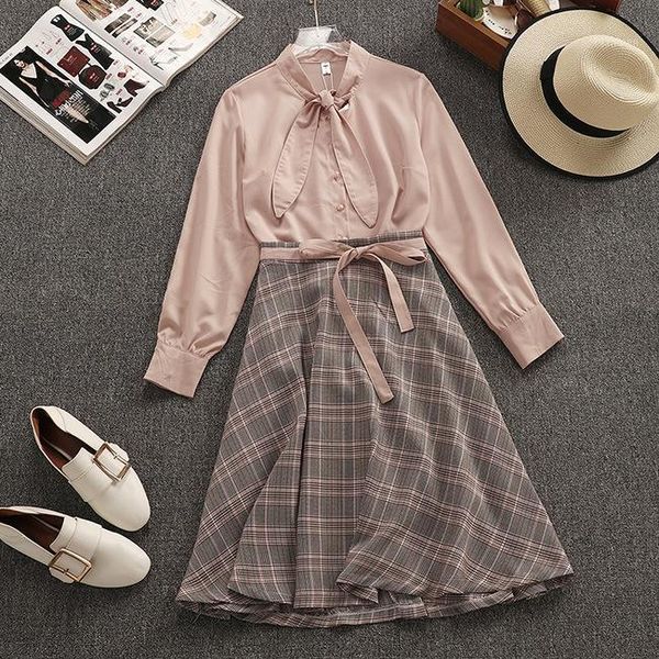 new women's spring suits o-neck bow solid long sleeves shirts+plaid sashes pleated casual skirts 2-pieces sets1, White 
new women's spring suits o-neck bow solid long sleeves shirts+plaid sashes pleated casual skirts 2-pieces sets1, White