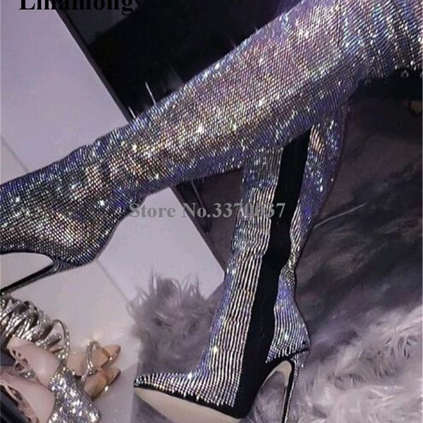 women luxurious rhinestone pointed toe over knee thin heel boots bling bling crystal slim high heel long boots wedding shoes y200723, Black
women luxurious rhinestone pointed toe over knee thin heel boots bling bling crystal slim high heel long boots wedding shoes y200723, Black