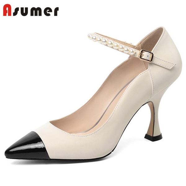 dress shoes asumer 2021 women pumps genuine leather mixed color buckle pearl elegant party spring summer single woman, Black
dress shoes asumer 2021 women pumps genuine leather mixed color buckle pearl elegant party spring summer single woman, Black
