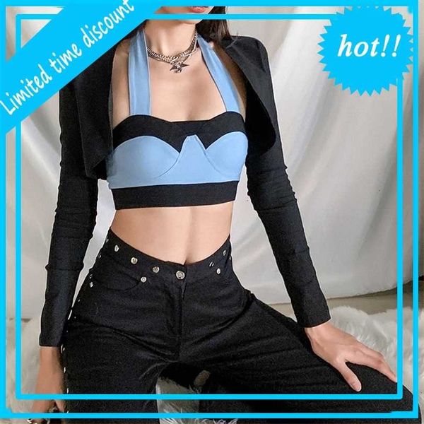 2021 wind autumn winter new wear slim contrast color hanging neck sling long sleeve blouse two piece women's suit, White
2021 wind autumn winter new wear slim contrast color hanging neck sling long sleeve blouse two piece women's suit, White