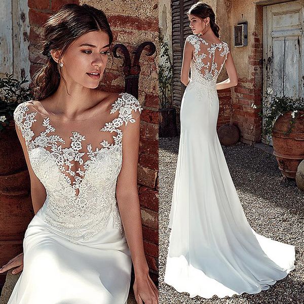 modest soft satin bateau neckline mermaid wedding dresses with lace appliques sheer bridal dress illusion back 201114, White;black
modest soft satin bateau neckline mermaid wedding dresses with lace appliques sheer bridal dress illusion back 201114, White;black