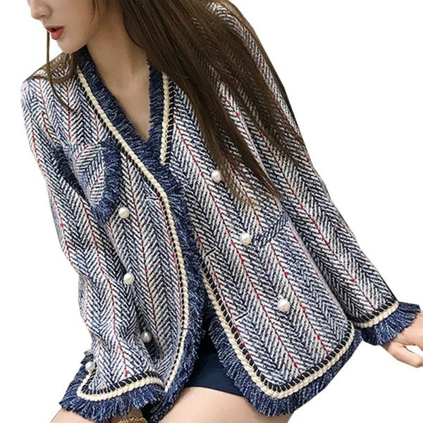 new arrival runway autumn woolen blend tweed women's double breasted pearls female coats tassel high waist ladies jackets, Black
new arrival runway autumn woolen blend tweed women's double breasted pearls female coats tassel high waist ladies jackets, Black