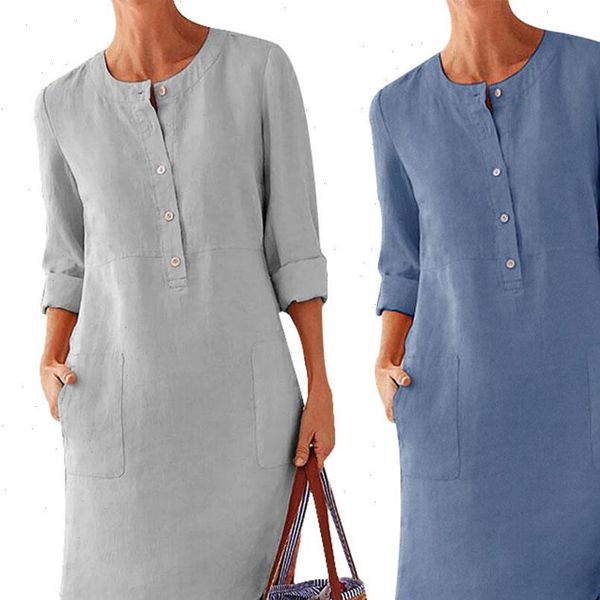 plus size casual solid color cotton linen women long sleeve tunic kaftan dress womens round neck midi single breasted comfortab, Black;gray 
plus size casual solid color cotton linen women long sleeve tunic kaftan dress womens round neck midi single breasted comfortab, Black;gray