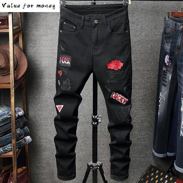 men's flower red letters embroidery black jeans fahion badge stretch denim pants, Blue
men's flower red letters embroidery black jeans fahion badge stretch denim pants, Blue