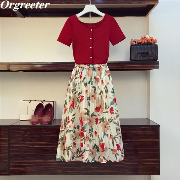 sweet floral printing chiffon skirt two piece outfits female summer solid knitted and elastic waist pleated long skirt sets t200701, White
sweet floral printing chiffon skirt two piece outfits female summer solid knitted and elastic waist pleated long skirt sets t200701, White