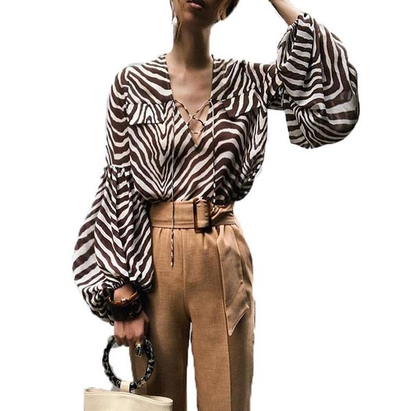 women's blouses & shirts fandy lokar zebra stripe printed women fashion bell long sleeve elegant v neck balloon blouse, White
women's blouses & shirts fandy lokar zebra stripe printed women fashion bell long sleeve elegant v neck balloon blouse, White