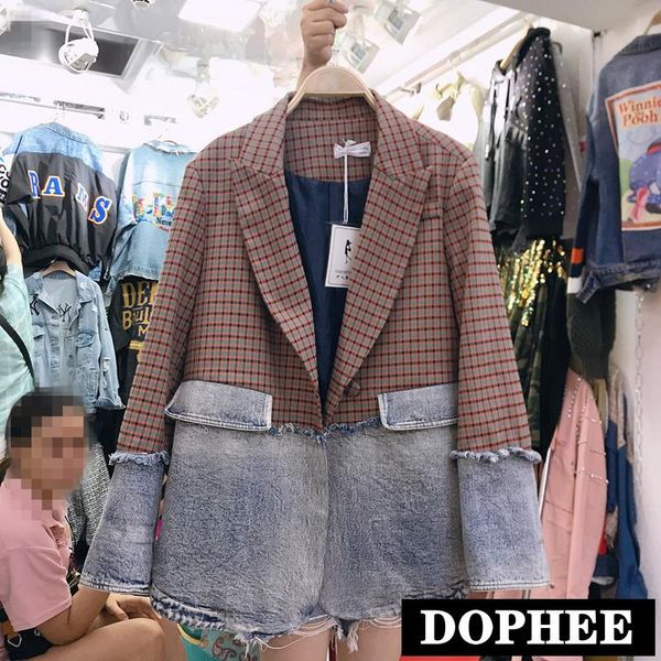 women's suits & blazers 2021 autumn korean handsome denim stitched plaid suit jacket loose jeans blazer coat female casual outwear, White;black
women's suits & blazers 2021 autumn korean handsome denim stitched plaid suit jacket loose jeans blazer coat female casual outwear, White;black