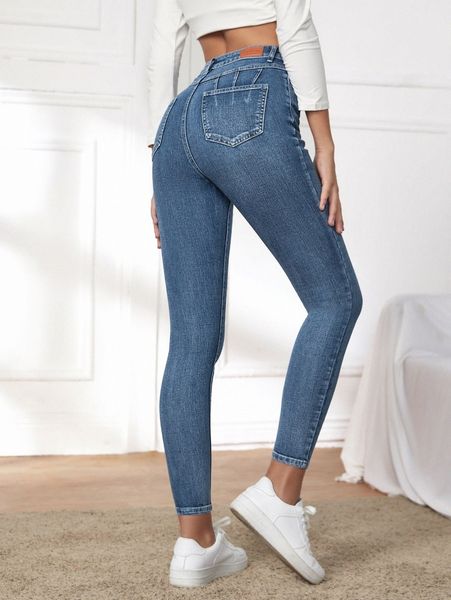 high waist patched detail skinny jeans h08w#, Blue 
high waist patched detail skinny jeans h08w#, Blue
