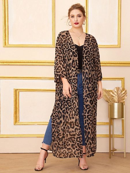 plus split side leopard print kimono c0x3#, Black
plus split side leopard print kimono c0x3#, Black