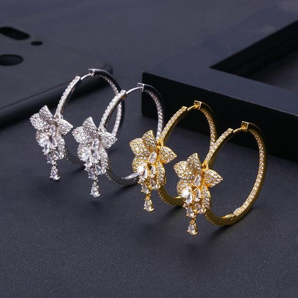 hoop & huggie janekelly trendy geometricwer flower earrings for women accessories cubic zirconia jewelry pendientes mujer moda, Golden;silver