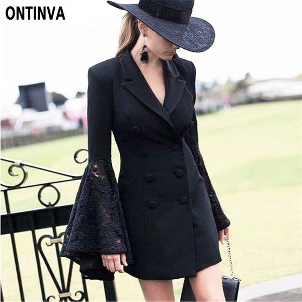 office ladies work wear black long blazer with lace flare sleeve outwear white slim fit elegant double button blaser for women lj201214, White;black
office ladies work wear black long blazer with lace flare sleeve outwear white slim fit elegant double button blaser for women lj201214, White;black