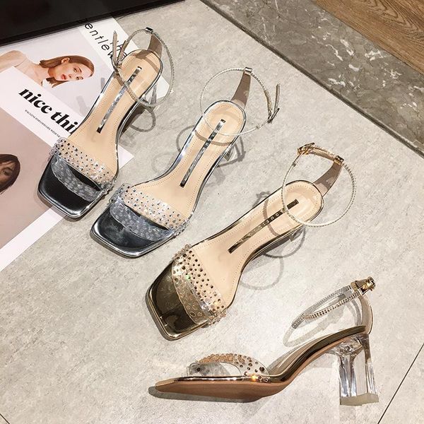 crystal rivets silver/champagne transparent sandals women open toe high clear heels gladiator sandalias buckle square toe slides, Black
crystal rivets silver/champagne transparent sandals women open toe high clear heels gladiator sandalias buckle square toe slides, Black