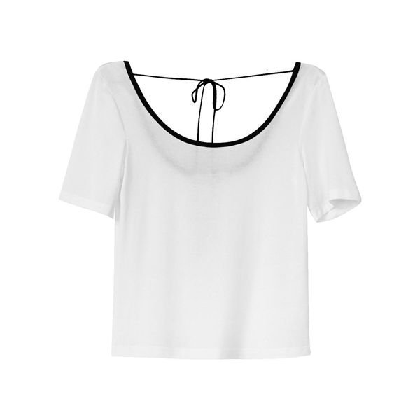 2021 new summer simple and fine hong kong style deep around the neck open back solid color thin tie short sleeve woman t-shirt 5w63, White
2021 new summer simple and fine hong kong style deep around the neck open back solid color thin tie short sleeve woman t-shirt 5w63, White