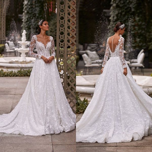 2021 new long sleeve wedding dresses v neck lace appliques a line sweep train beach bridal gowns custom made robe de mariee, White
2021 new long sleeve wedding dresses v neck lace appliques a line sweep train beach bridal gowns custom made robe de mariee, White